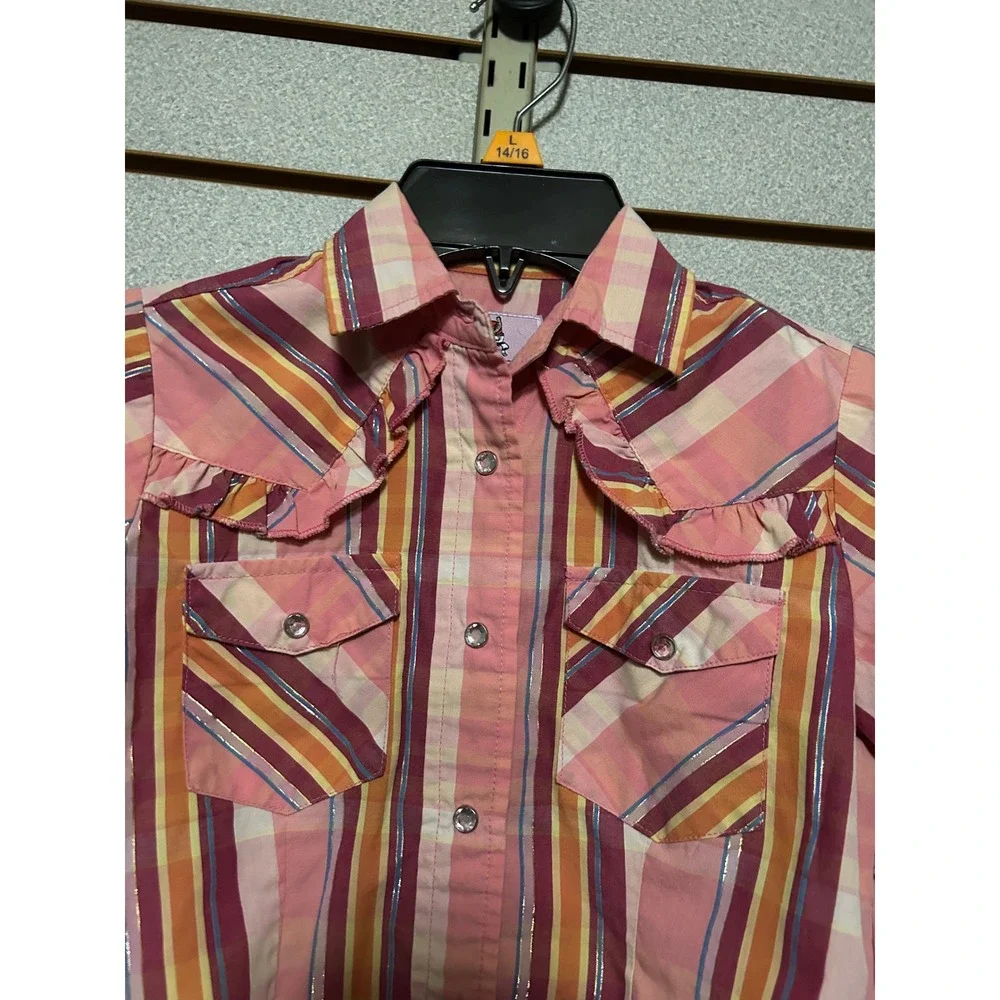 Wired Heart Girls Pink Plaid Western Snap‎ Shirt Ruffle Yoke Metallic Small